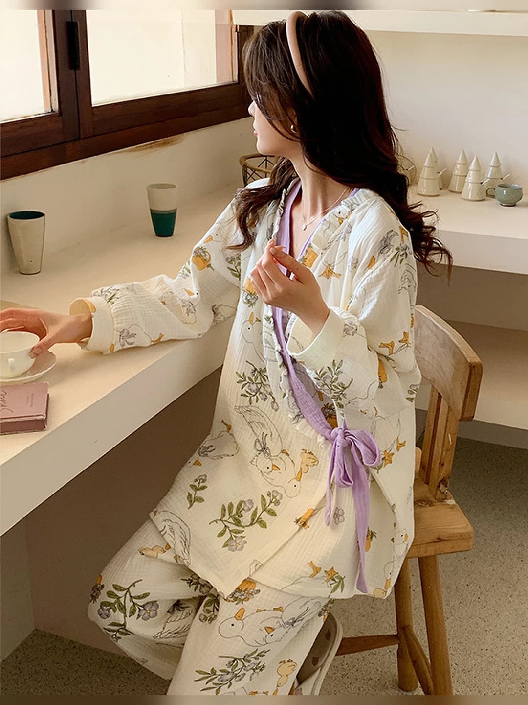 Women's 2026 spring-summer pure cotton gauze moisture-wicking two-piece clothing set, V-neck, long sleeve, trousers, sweet style