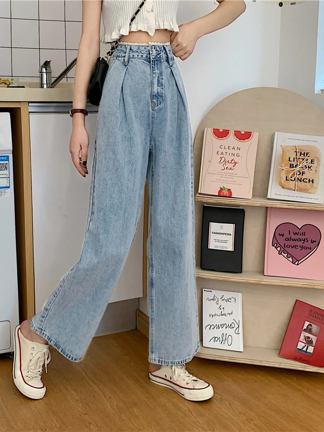 Women's wide and flared jeans, straight cut, high waist, ankle-length trousers, spring-summer, casual