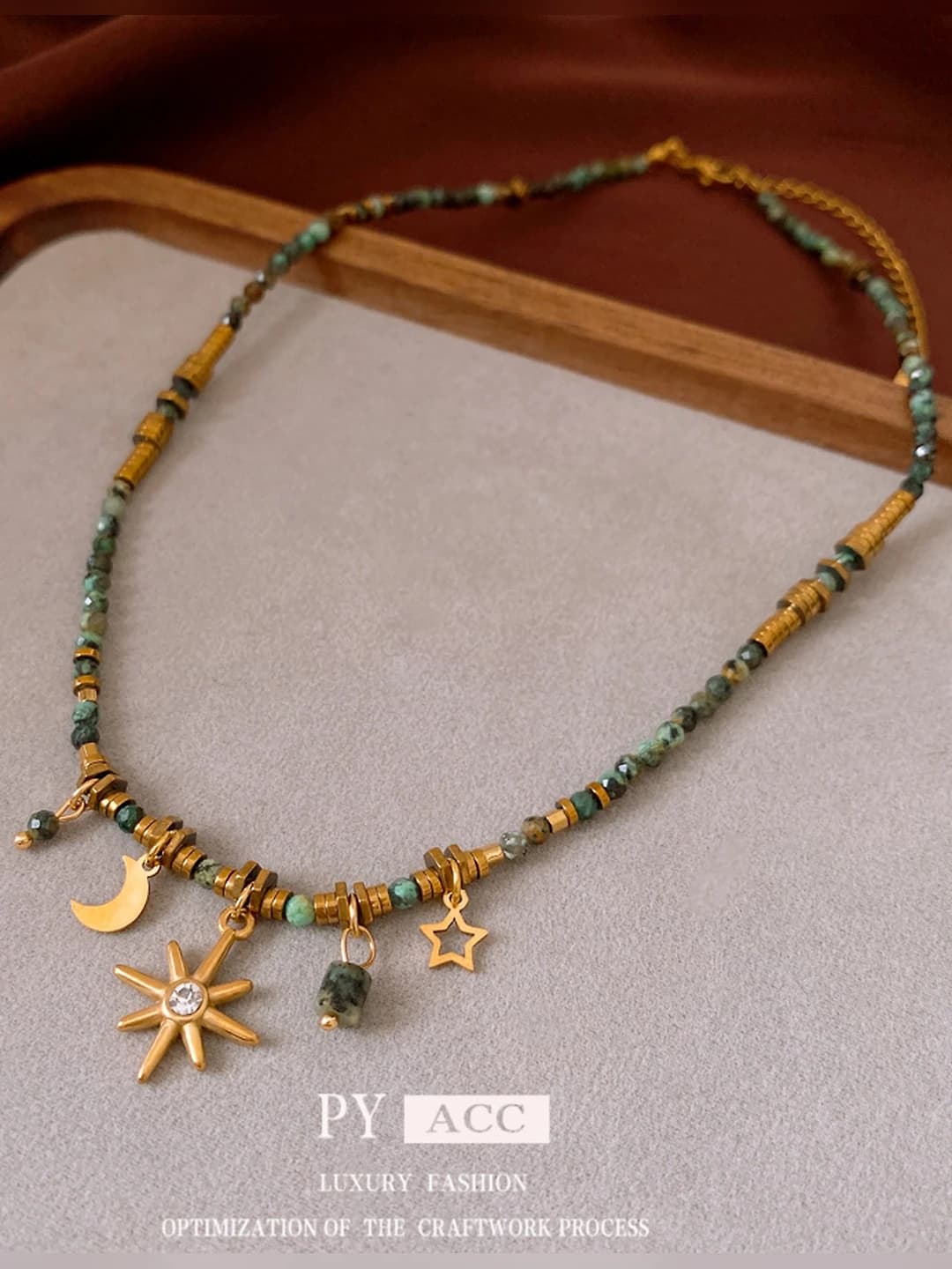Women's retro style titanium steel beaded necklace with diamond inlays, star and moon shape