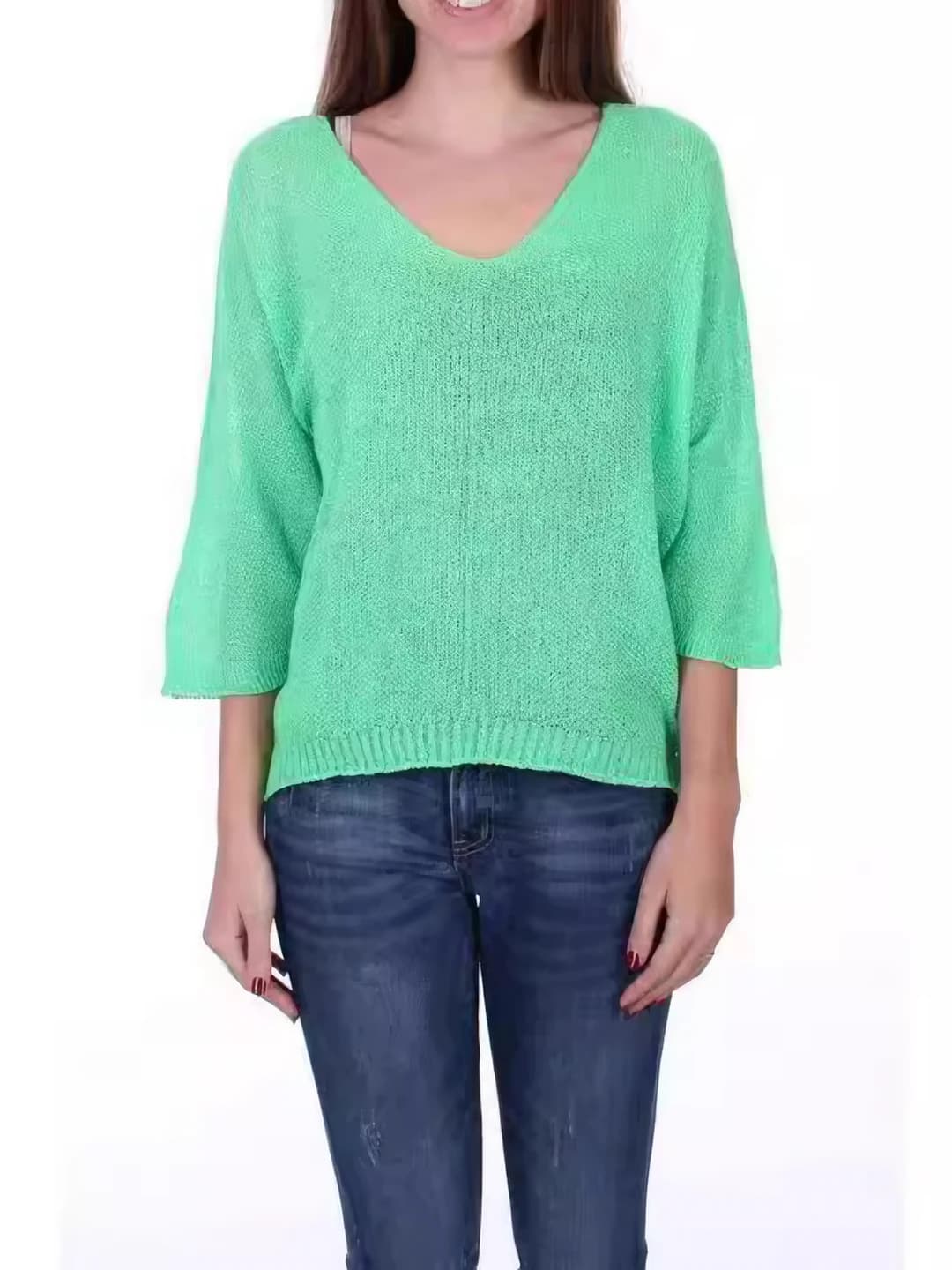 Women's spring-summer knit top, V-neck, three-quarter sleeve, loose fit, cropped, 70% cotton, 30% acrylic