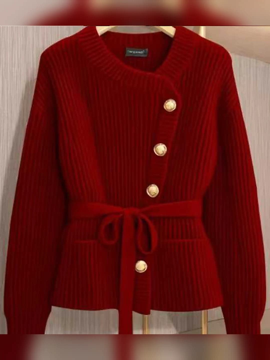 Women's red autumn-winter cardigan, crew neck, long sleeve, solid colour, thick, 2026