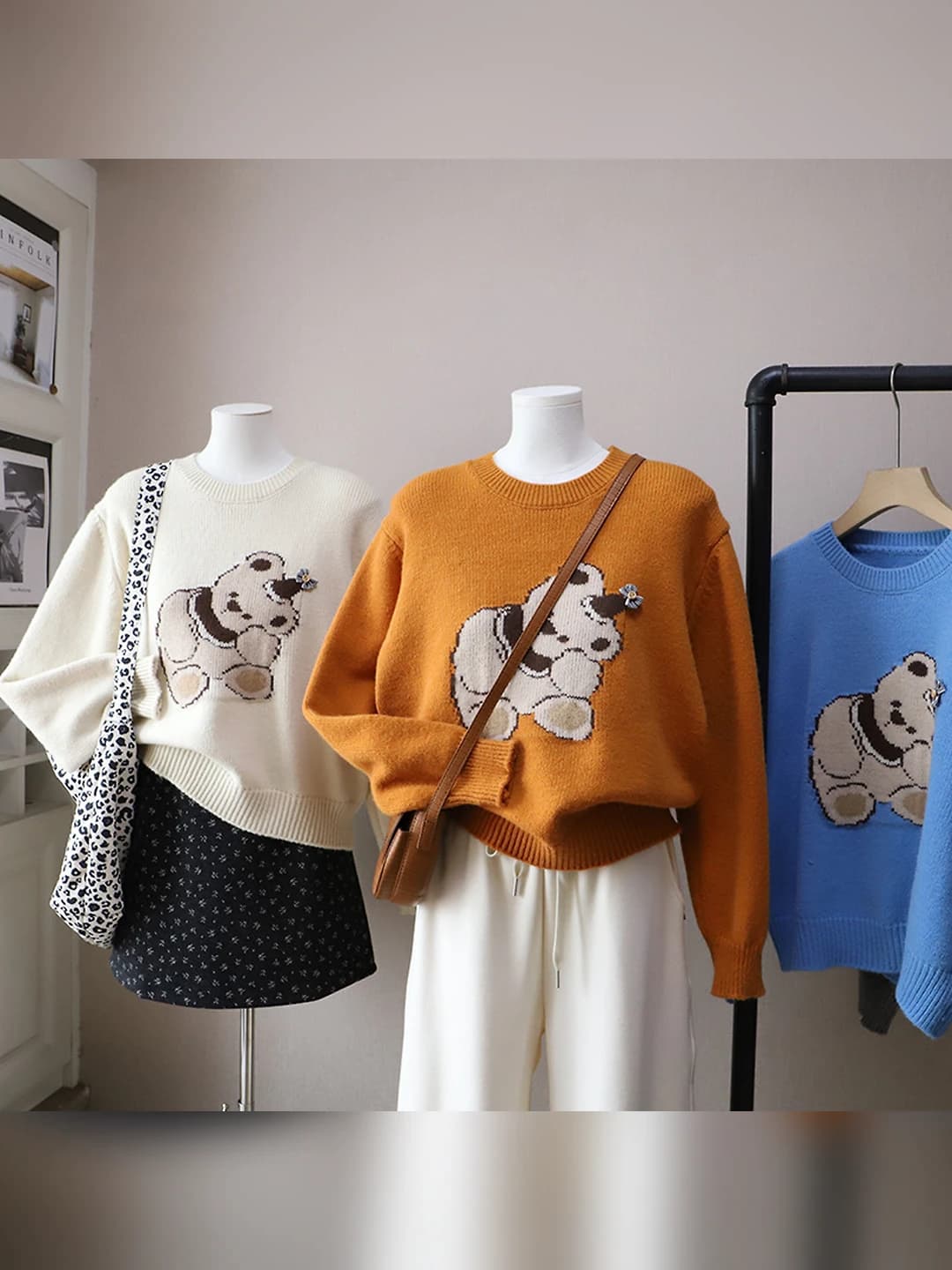 Women's Korean style crew neck long sleeve slimming loose fit autumn-winter thick cartoon pattern non-iron sweater