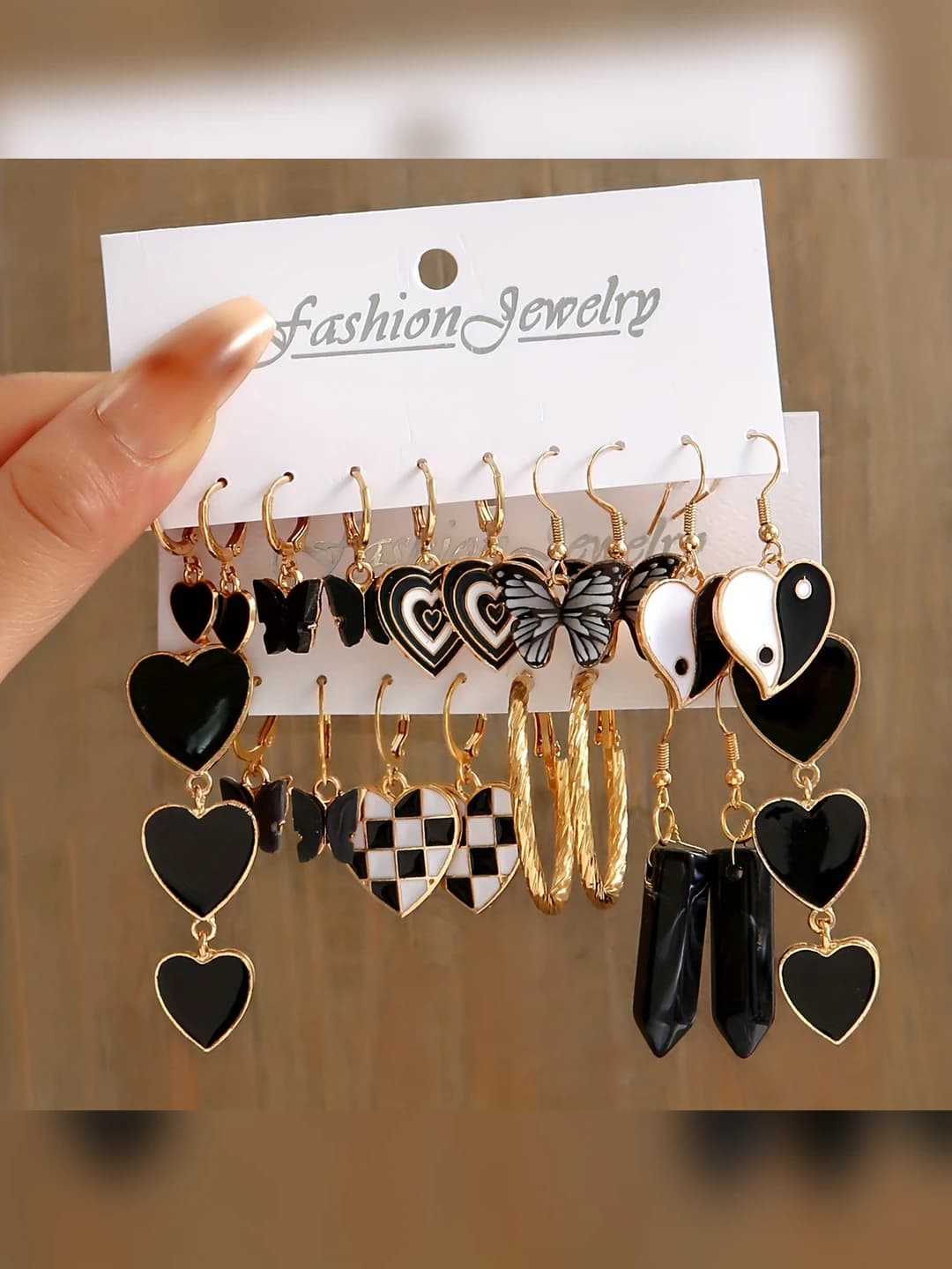 Women's set: geometric hoop earrings with square shape, enamel, chain and tassels