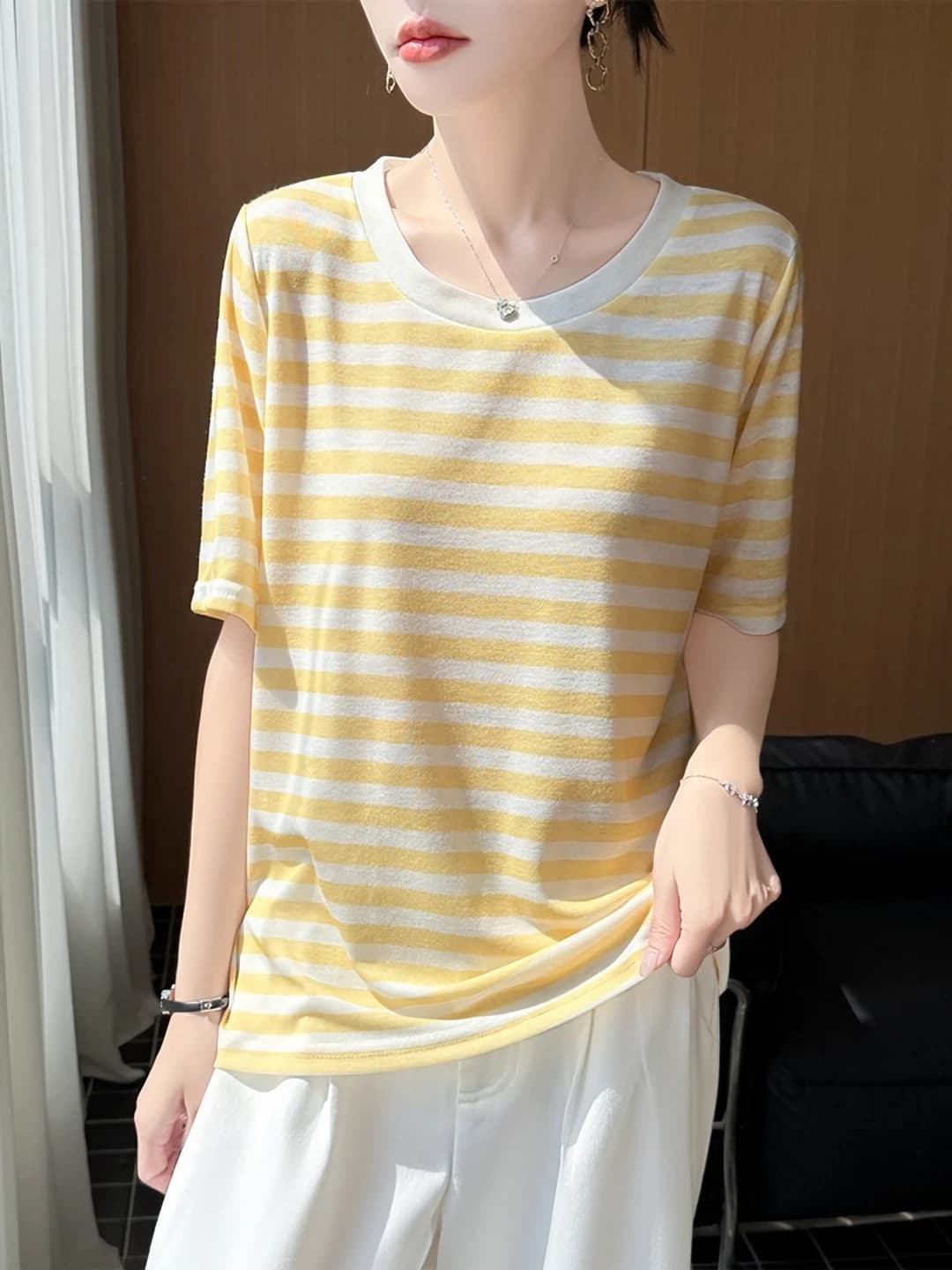 Women's summer crew neck short sleeve striped t-shirt, tencel blend fabric, sporty style