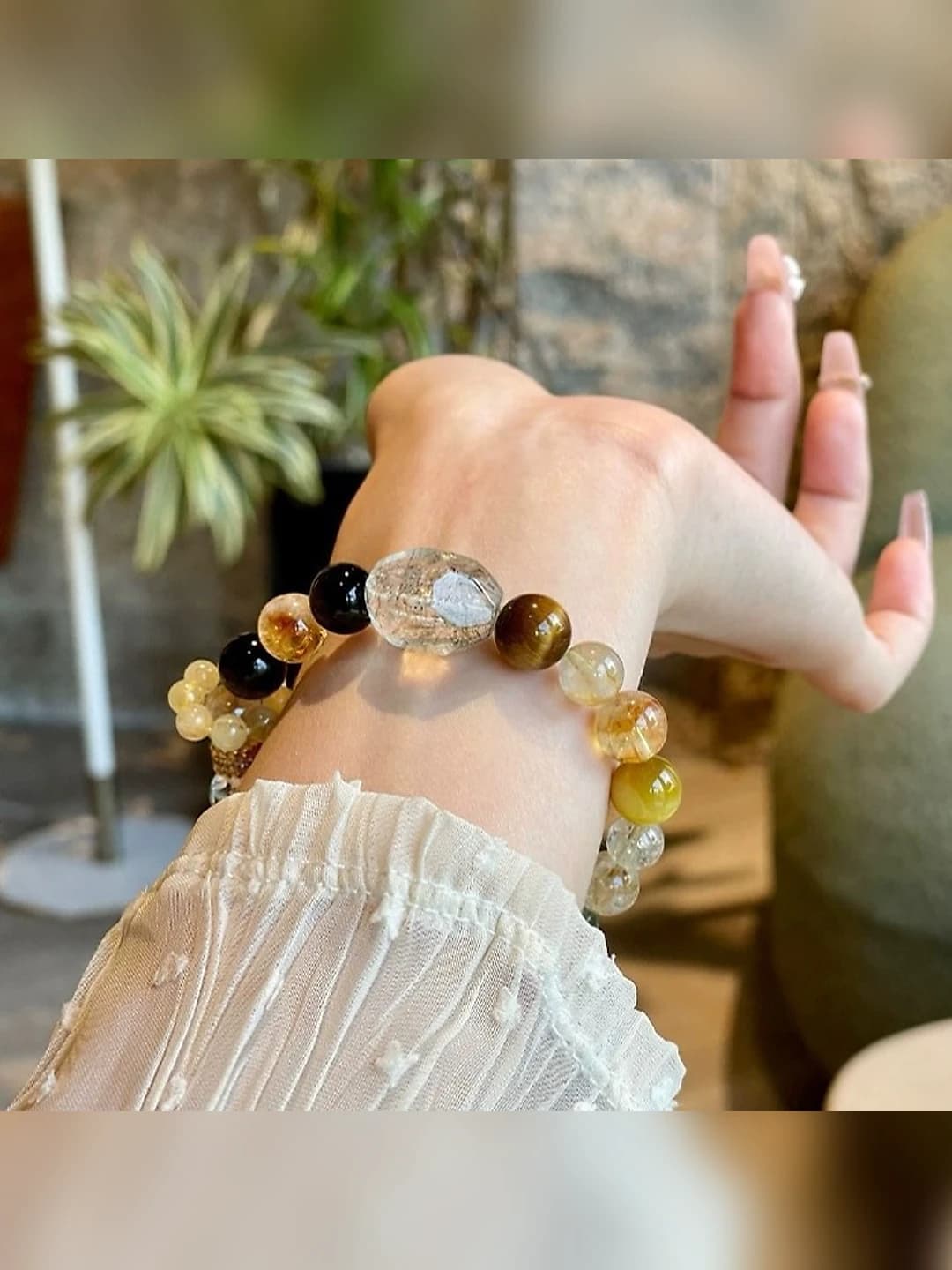 Women's natural crystal bracelet: black gold super, free-form tiger eye, gold hair crystal, green phantom crystal, 21 stones, handmade