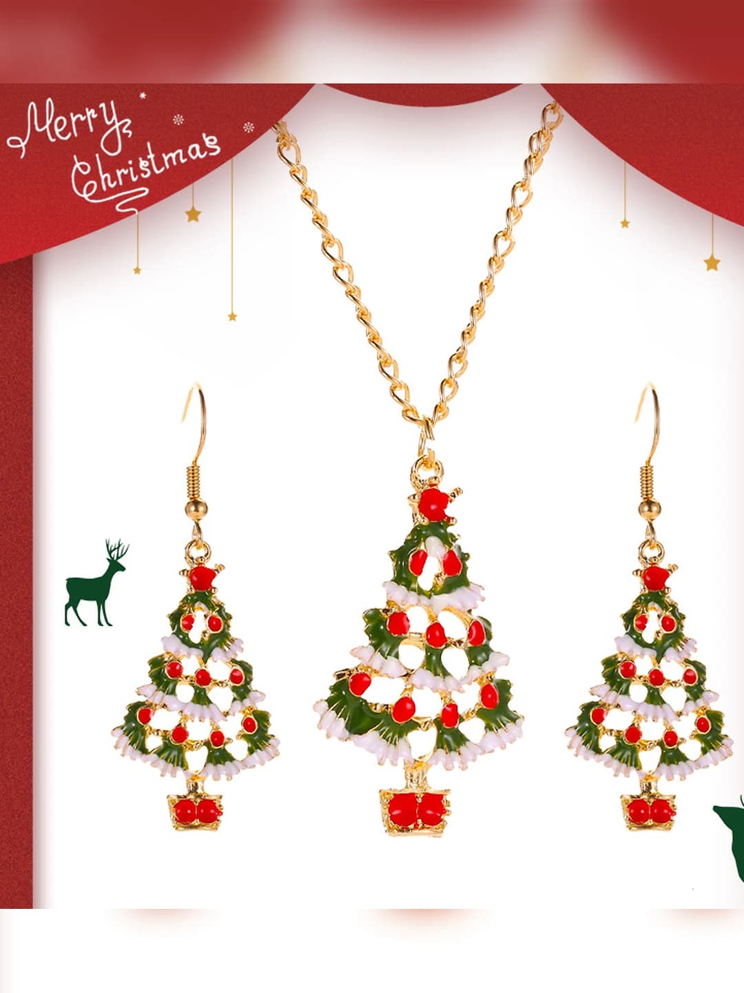 Women's Christmas tree pattern jewelry set in cartoon style (earrings and necklace)
