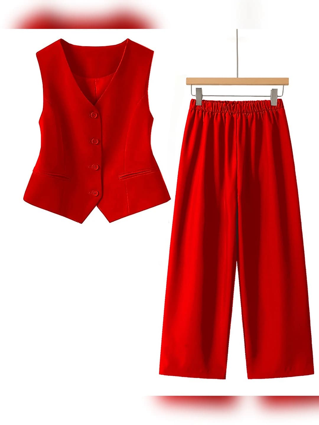 Women's sleeveless vest and trousers set, Korean style, high waist, for petite, all-season
