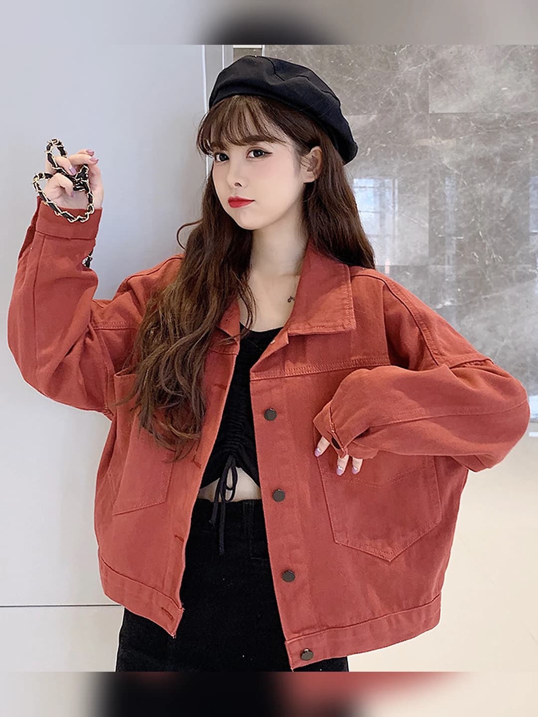 Women's denim jacket, Korean style, retro, loose fit, cropped, long sleeve, lapel collar, solid colour, casual
