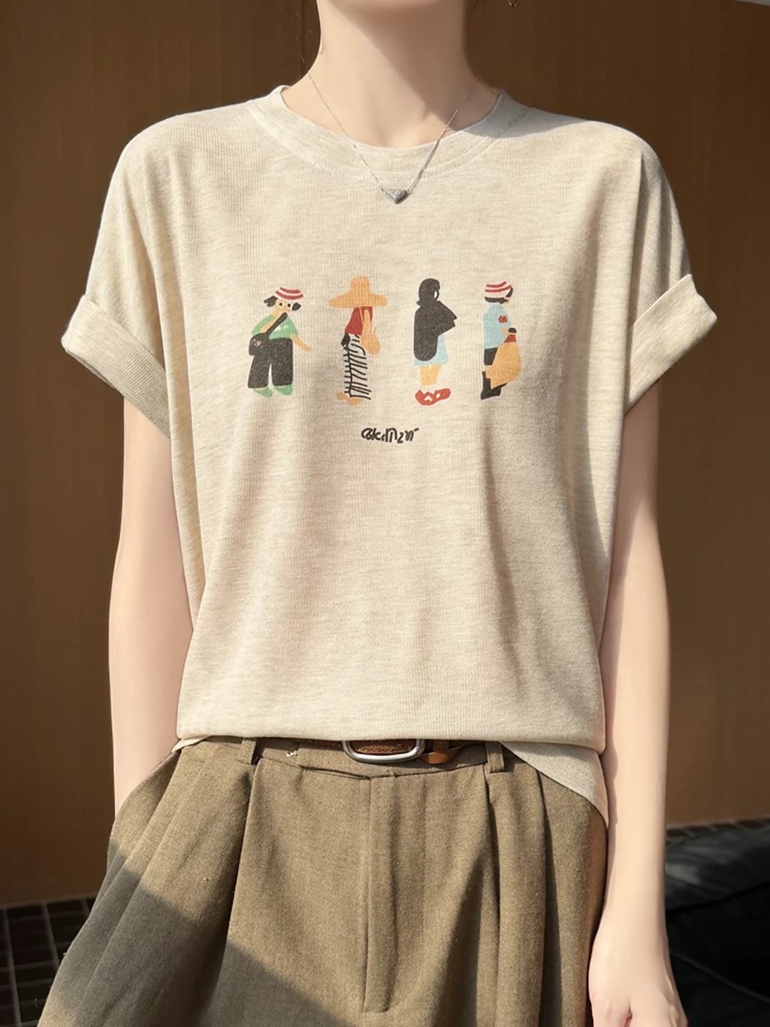 Women's 2026 spring-summer casual knit top, crew neck, embroidered, elbow-length sleeve