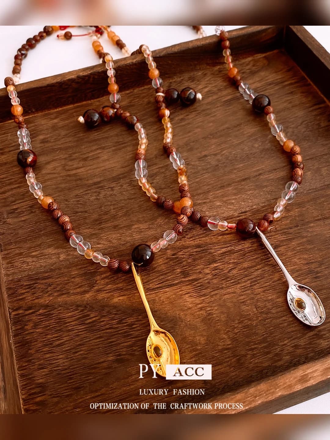 Women's glass and wood beaded necklace, retro Chinese style sweater chain
