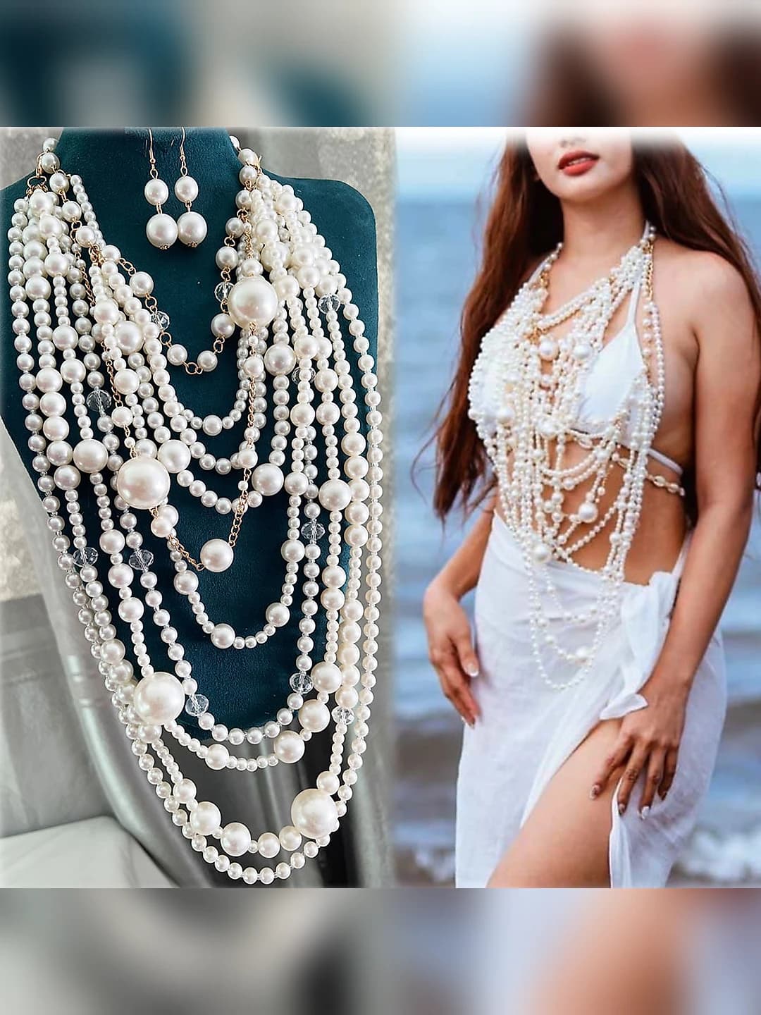 Women's long multi-layered handmade artificial pearl beaded necklace