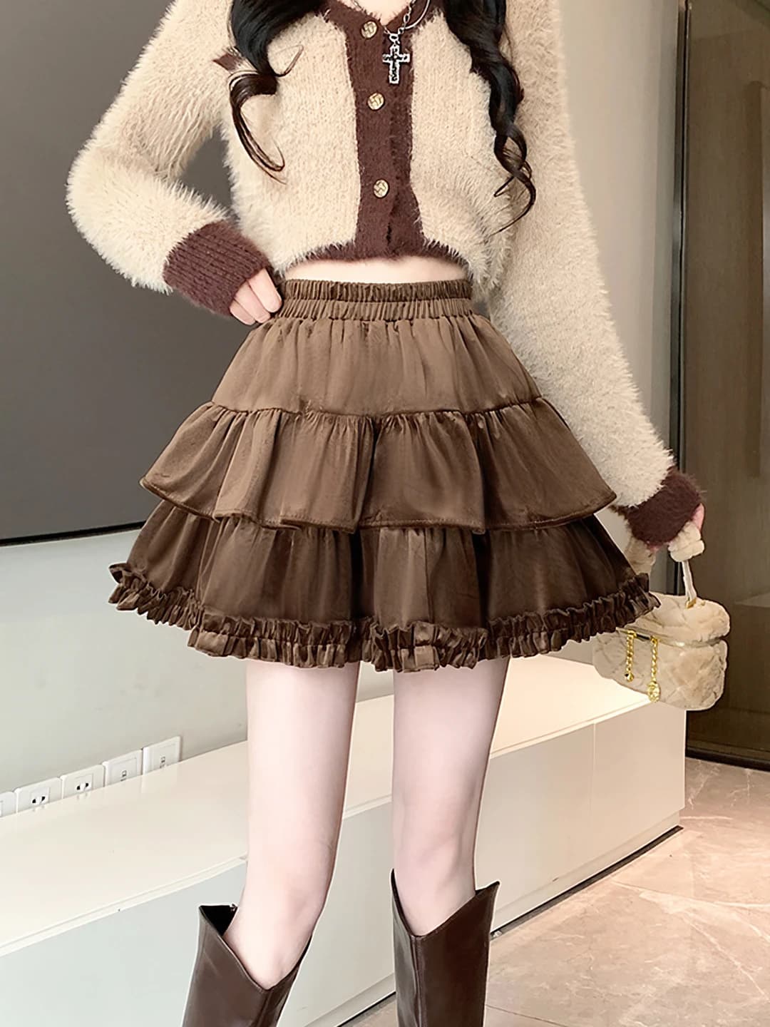Women's high waist slimming two-tier A-line mini skirt for autumn-winter 2026