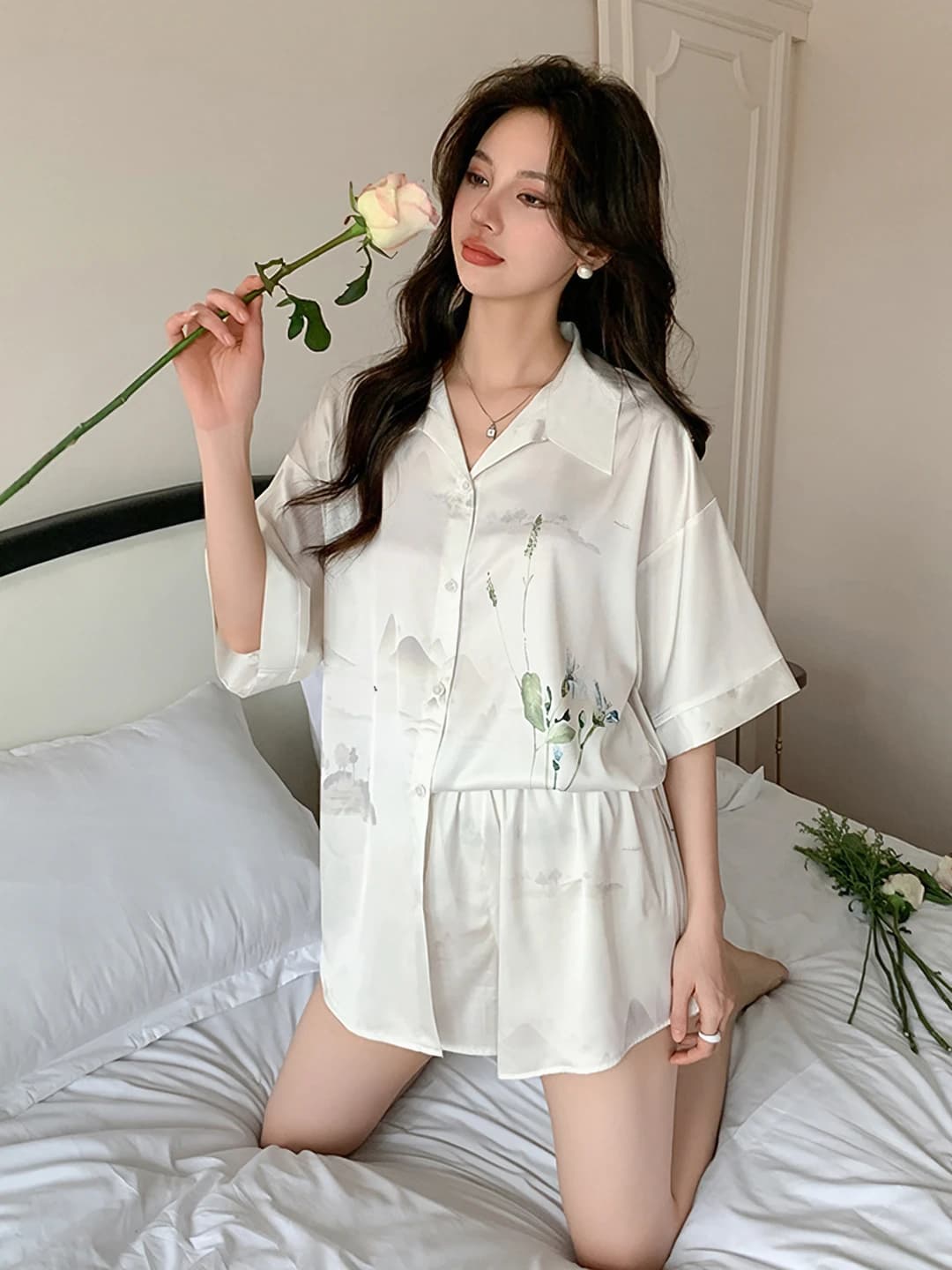 Women's spring-summer and autumn pajama set: thin satin chiffon blouse and shorts, lapel collar, elbow-length sleeve, loungewear