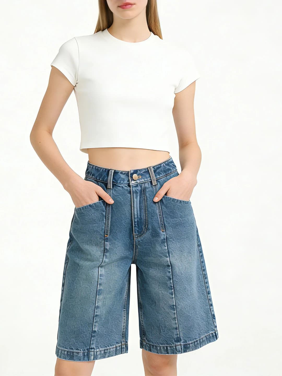 Ayollar uchun jinsi shorti: baland bel, to'g'ri kesim, bo'sh (oversize), yupqa, kundalik, yozgi, nozik ko'rsatadigan