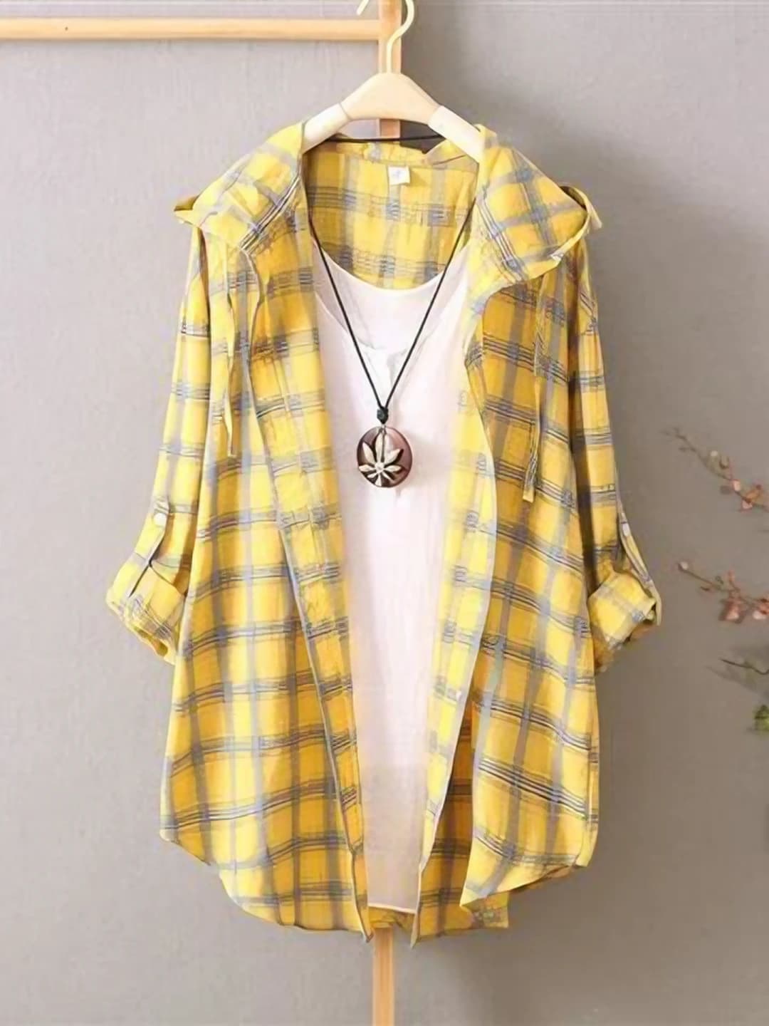 Women's sun-protective checked shirt, long sleeve, loose fit, mid-length, Korean style