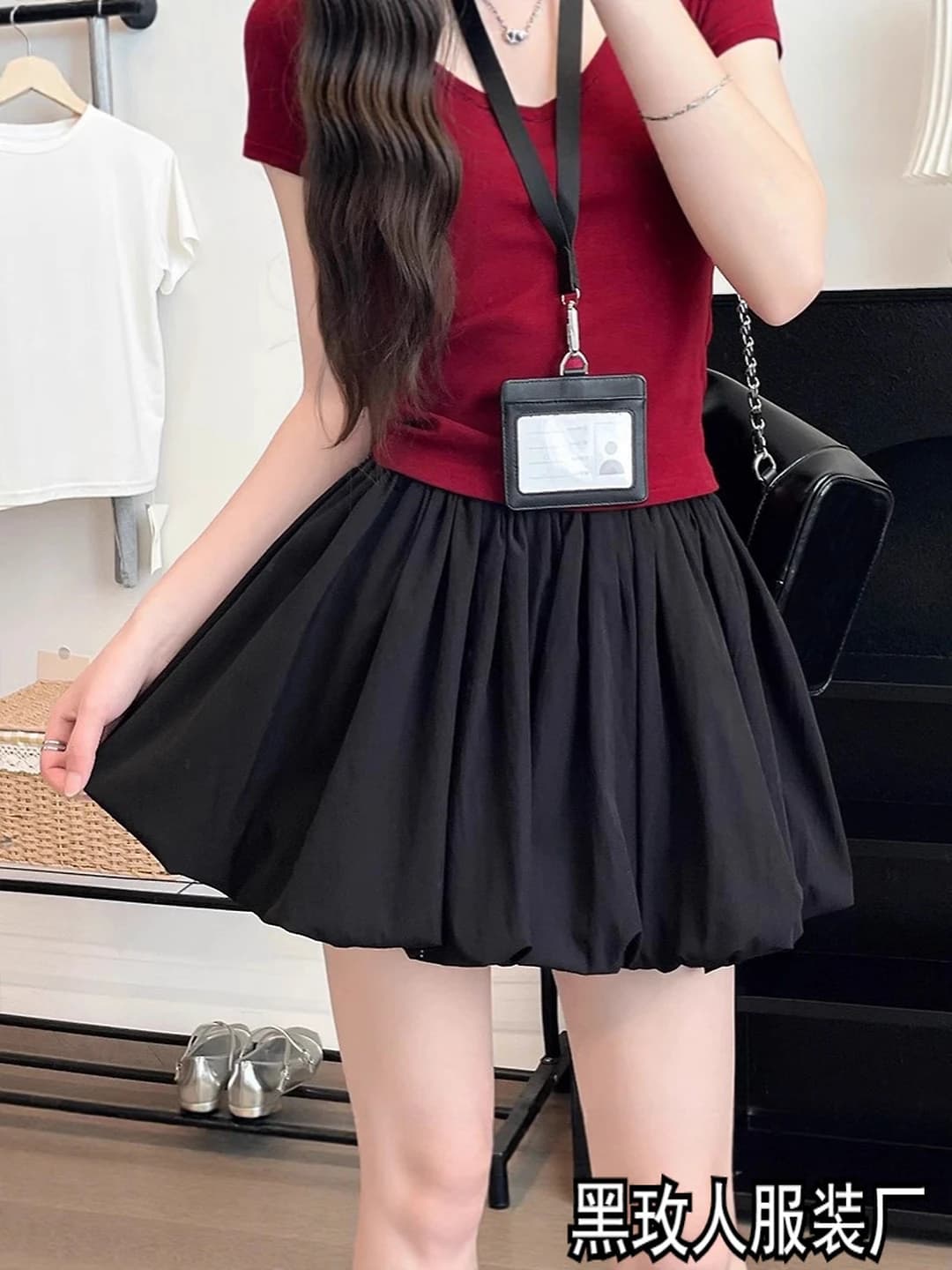 Women's pleated puff skirt, autumn, high waist, slimming, for petite, solid colour, mini skirt