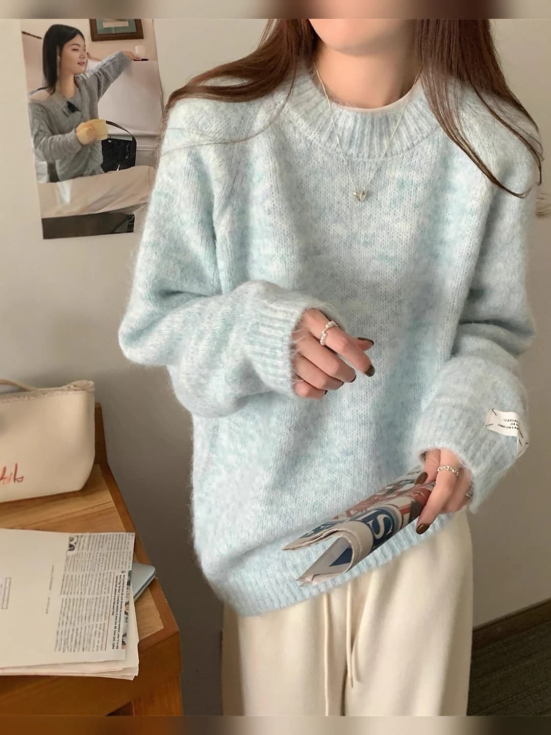Women's autumn-winter sweater, loose fit, crew neck, long sleeve, solid colour, 2026