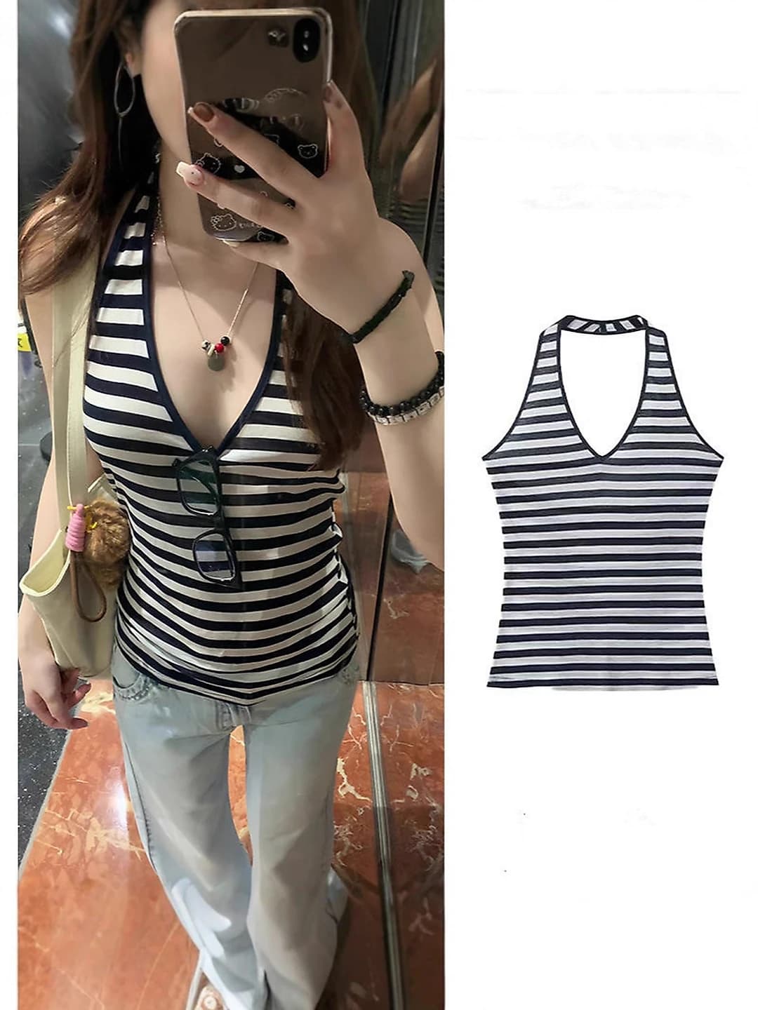 Women's summer striped halter tank top, slim fit, sleeveless, open back, mid-length