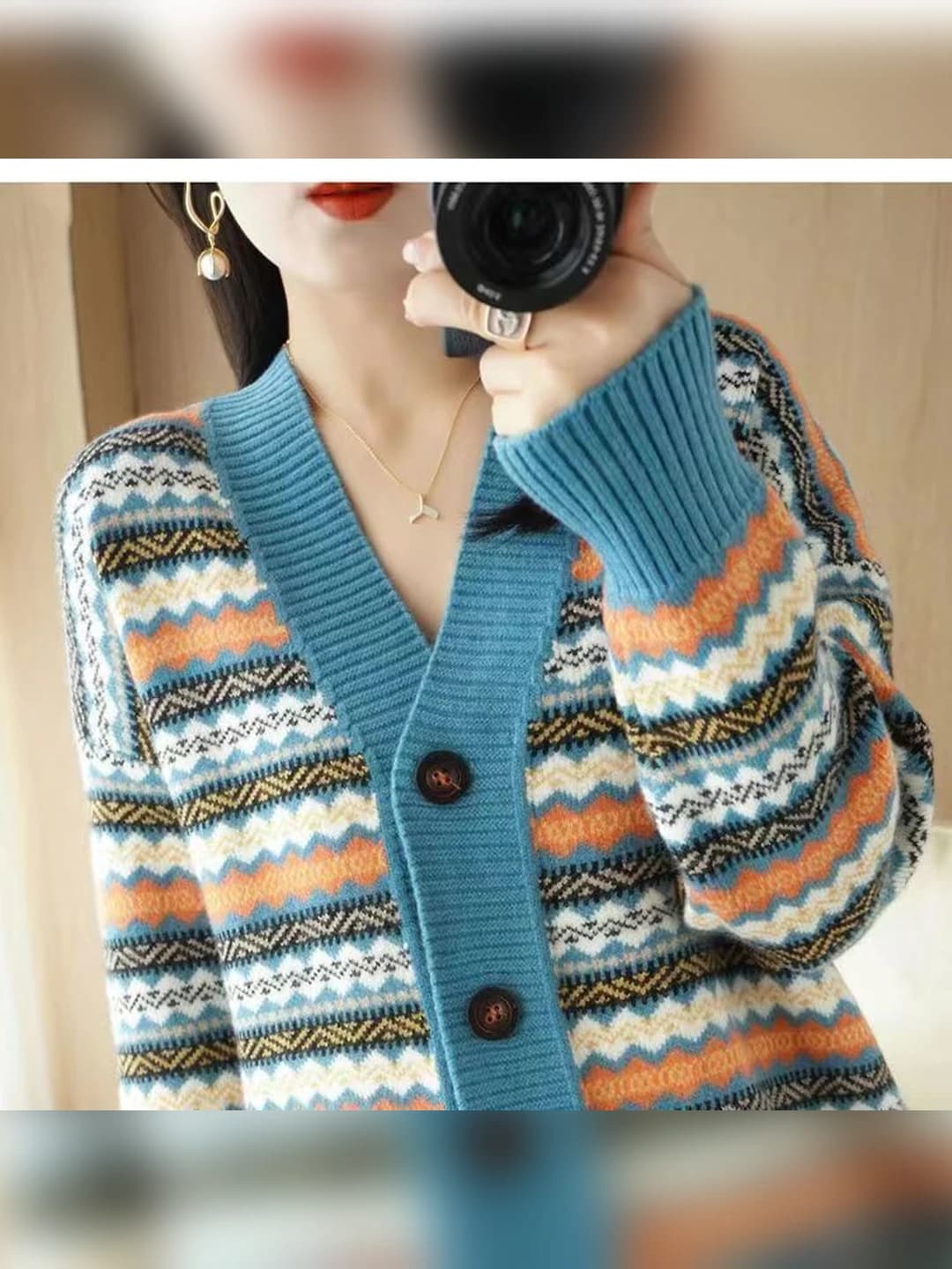Women's striped long sleeve knit cardigan, loose fit, warm, for autumn-winter