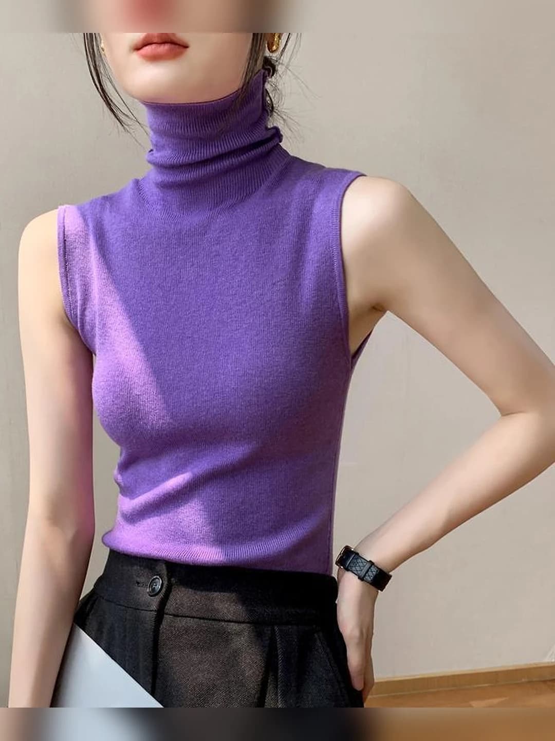 Women's sleeveless knitted top with high neck, 2026 spring-summer, slim fit, solid colour, stretch