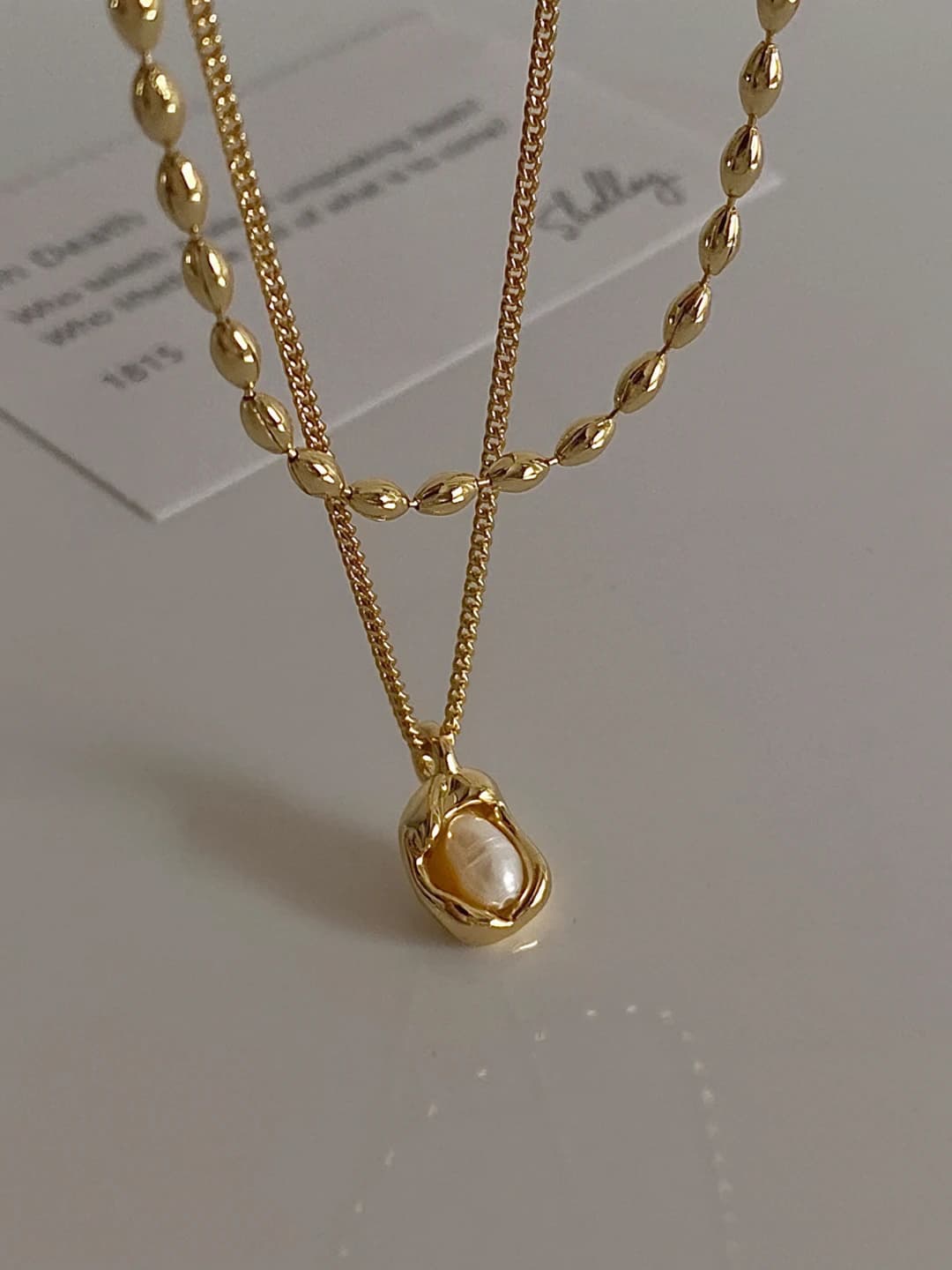 Gold double layer pea chain necklace B-175