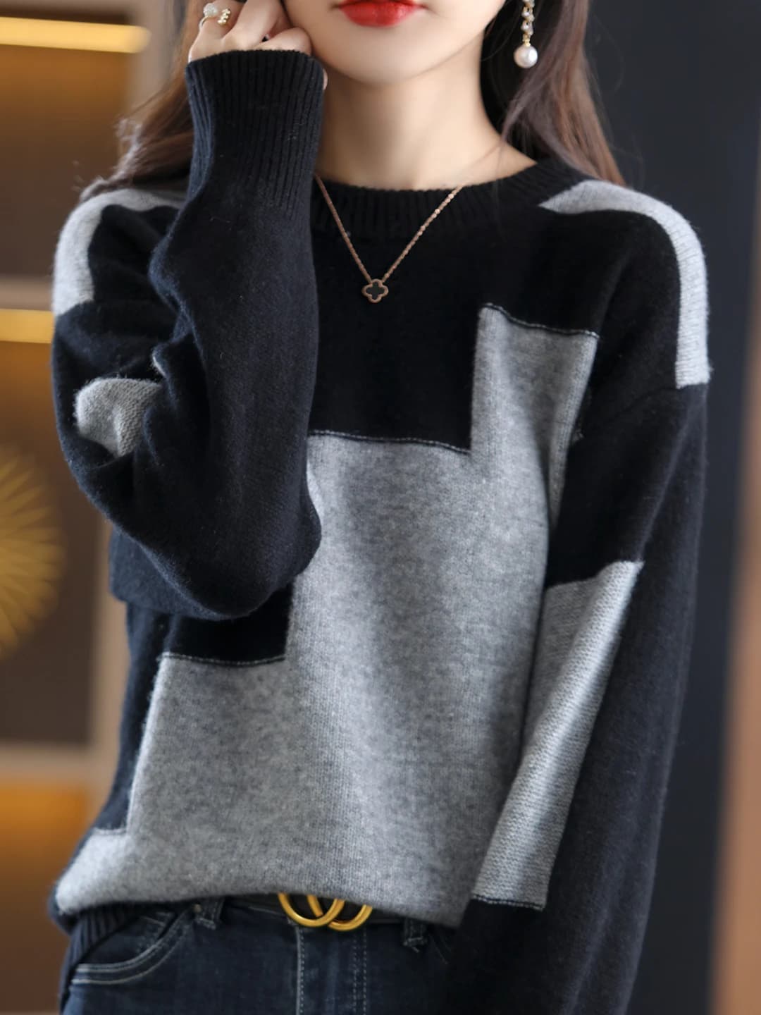 Women's autumn-winter knit top, long sleeve, crew neck, loose fit, Korean style, casual style