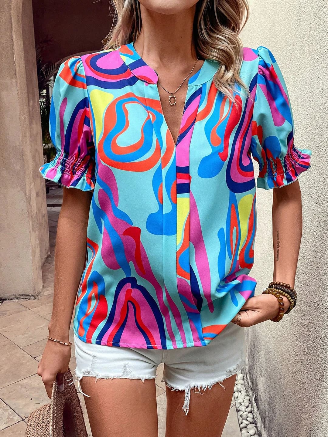 Women's 2026 summer casual stand collar short sleeve printed 3D design element medium length polyester blouse