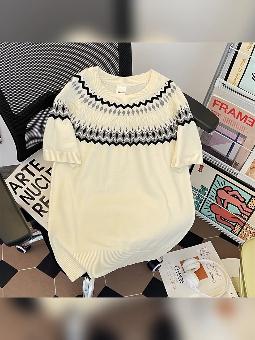 Ayollar uchun yozgi kashtali dumaloq yoqali kalta yengli tanaga yopishgan knitted short-sleeve pullover top