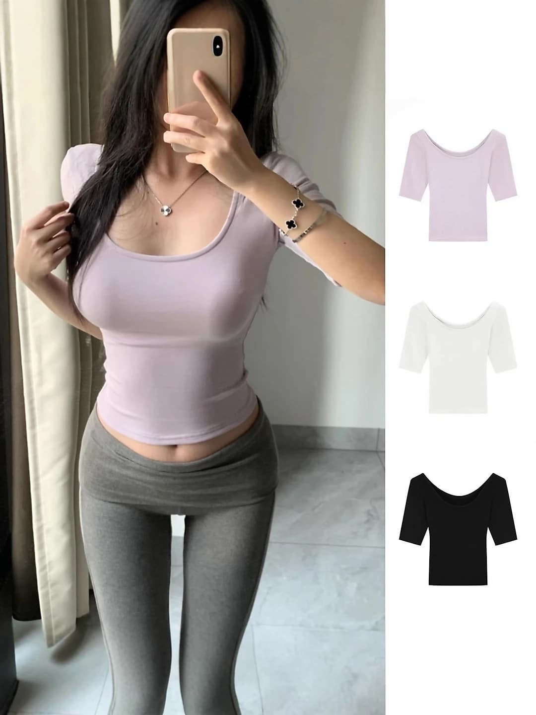 Women's slim fit slimming crop top with short sleeve and U-neck solid colour