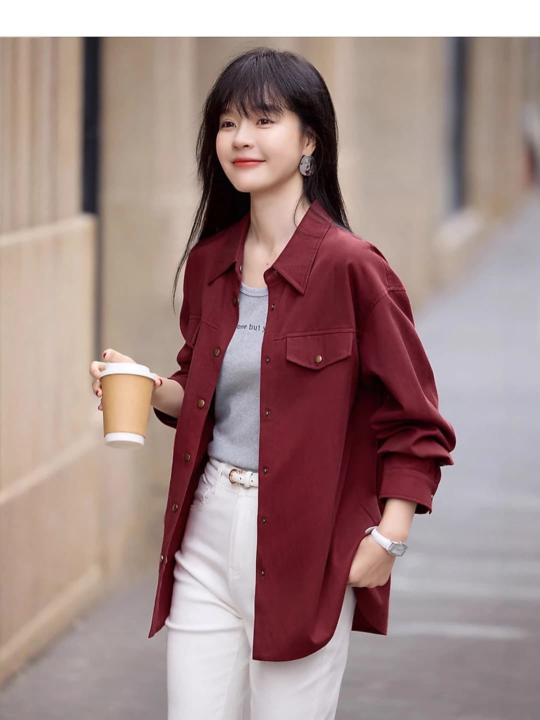 Women's casual long sleeve shirt, loose fit, lapel collar, retro, spring-autumn, 95% cotton