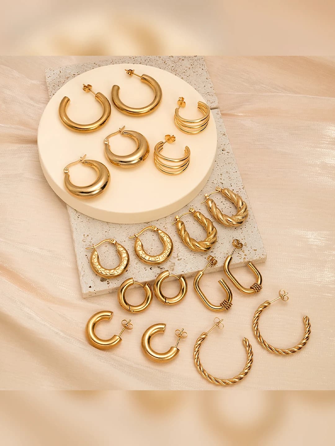 Women's gold geometric retro set of titanium steel hoops