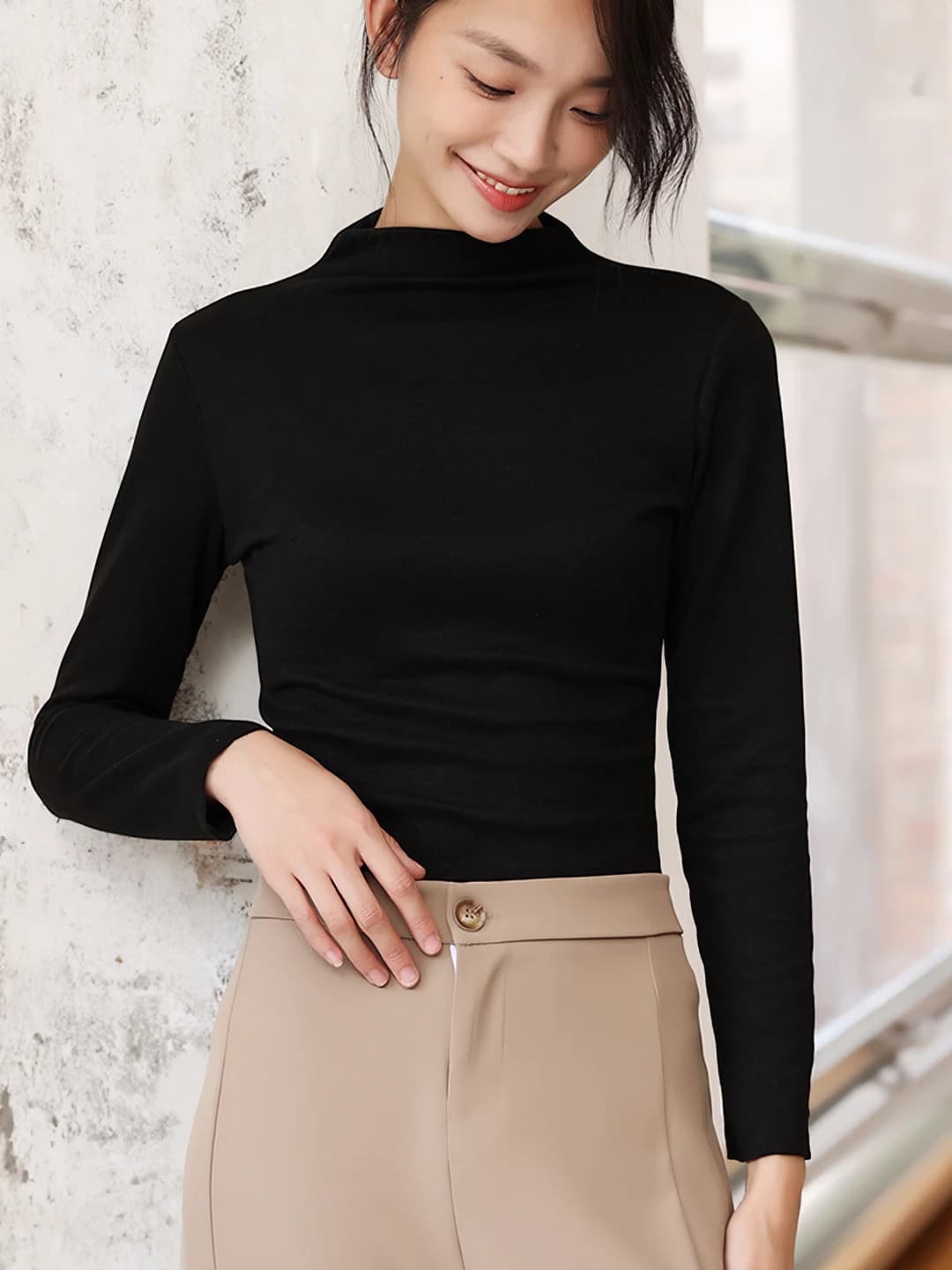 Women's autumn-winter cashmere and mulberry silk warm long-sleeve mock neck high neck slim fit long-sleeve base top