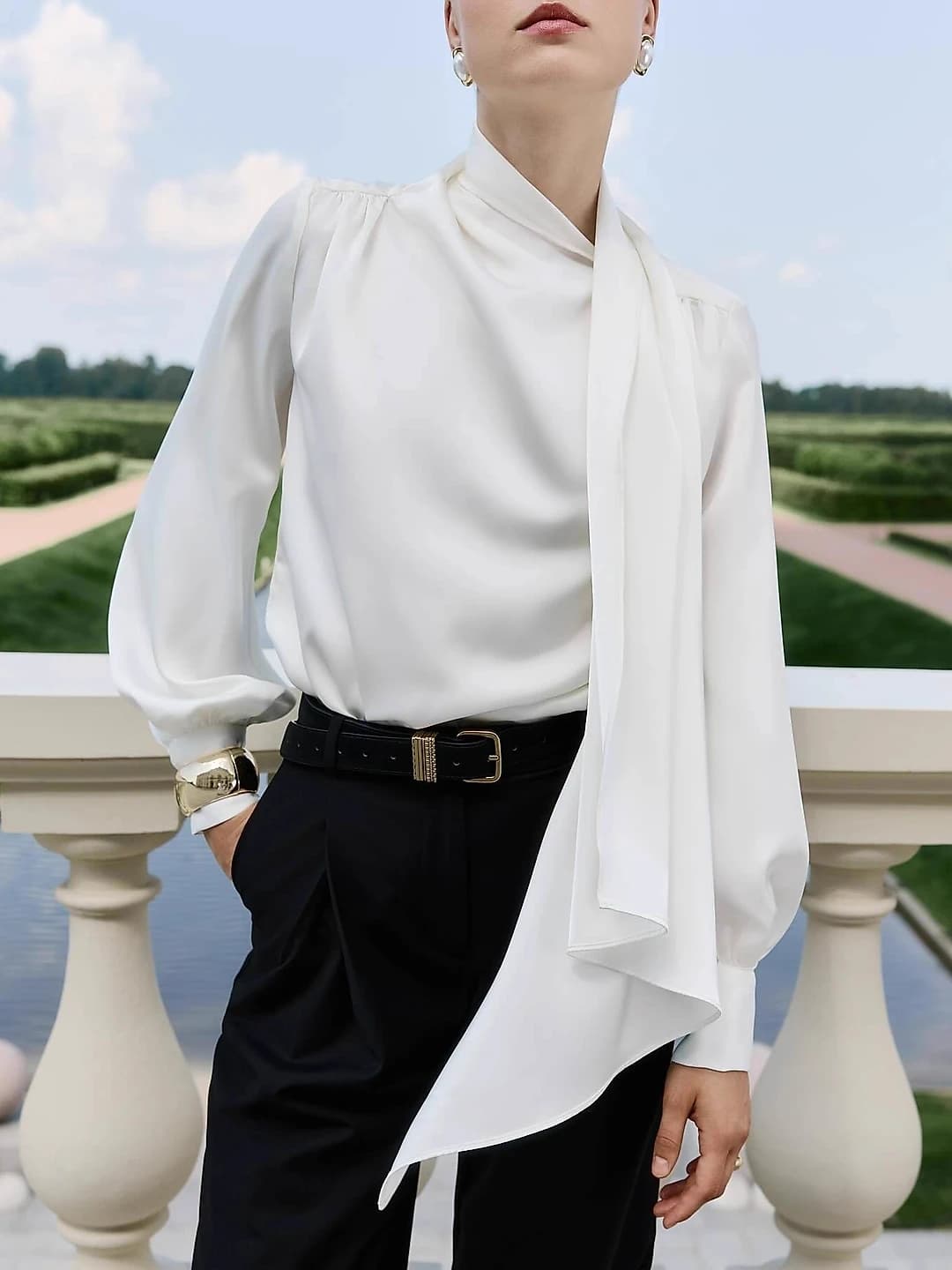 Women's French style elegant blouse, long sleeve, loose fit, mid-length, solid colour, polyester, ribbon collar