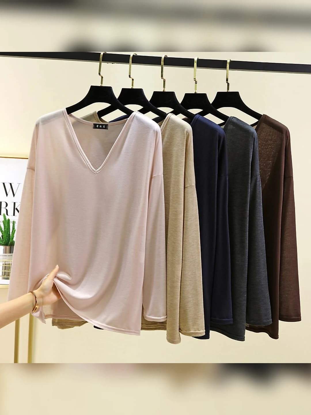 Women's summer thin sun-protective long-sleeve V-neck loose fit plus size long-sleeve base top, solid colour