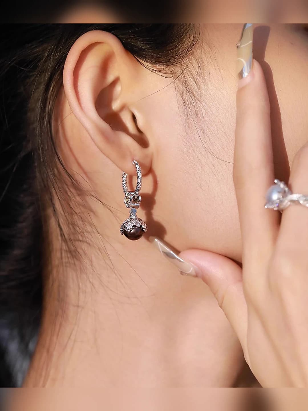 Women's retro pearl drop earrings with iris and tangsa pattern