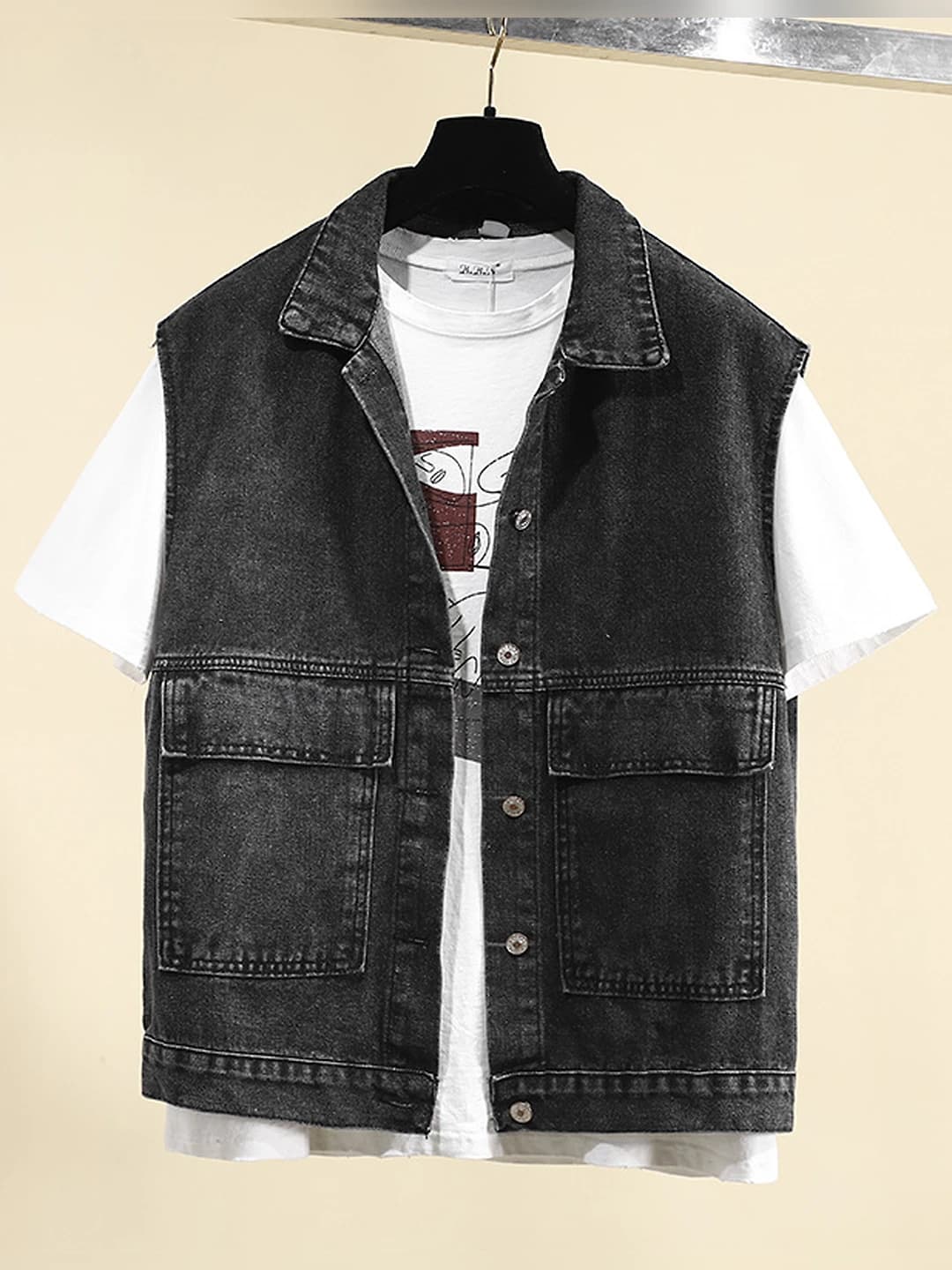 Women's thin denim vest, spring-summer, loose fit, sleeveless, lapel collar, solid colour, Korean style