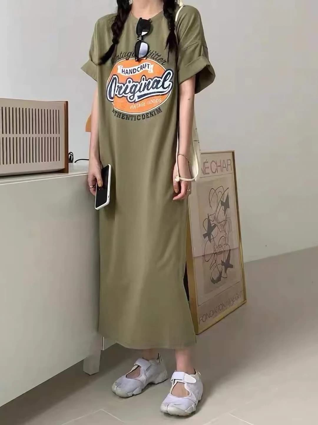 Women's summer t-shirt dress, plus size, loose fit, crew neck, short sleeve, long, printed, casual style