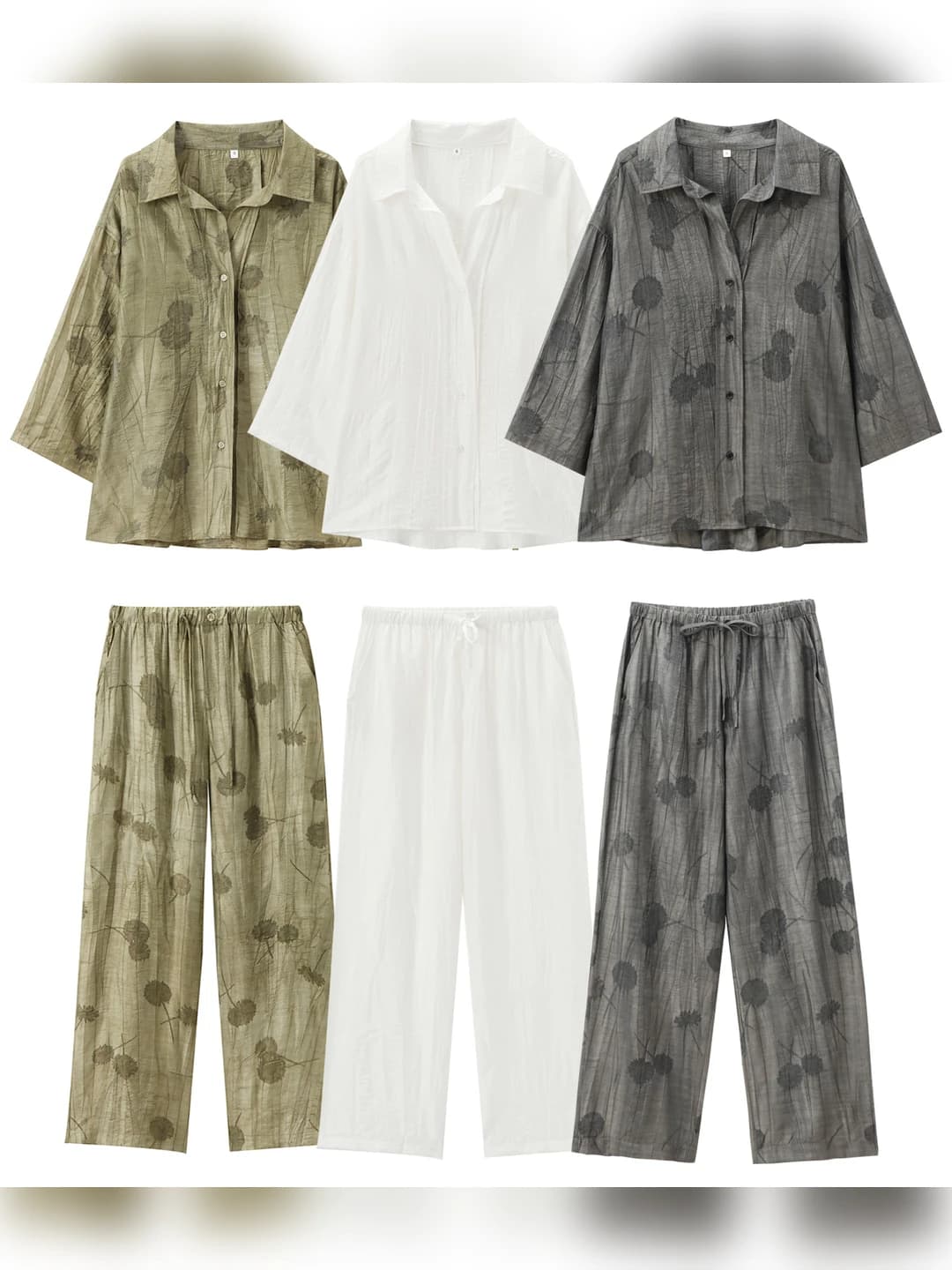 2026 women's casual shirt and trousers set, solid colour, loose fit, short sleeve, straight cut trousers, retro style