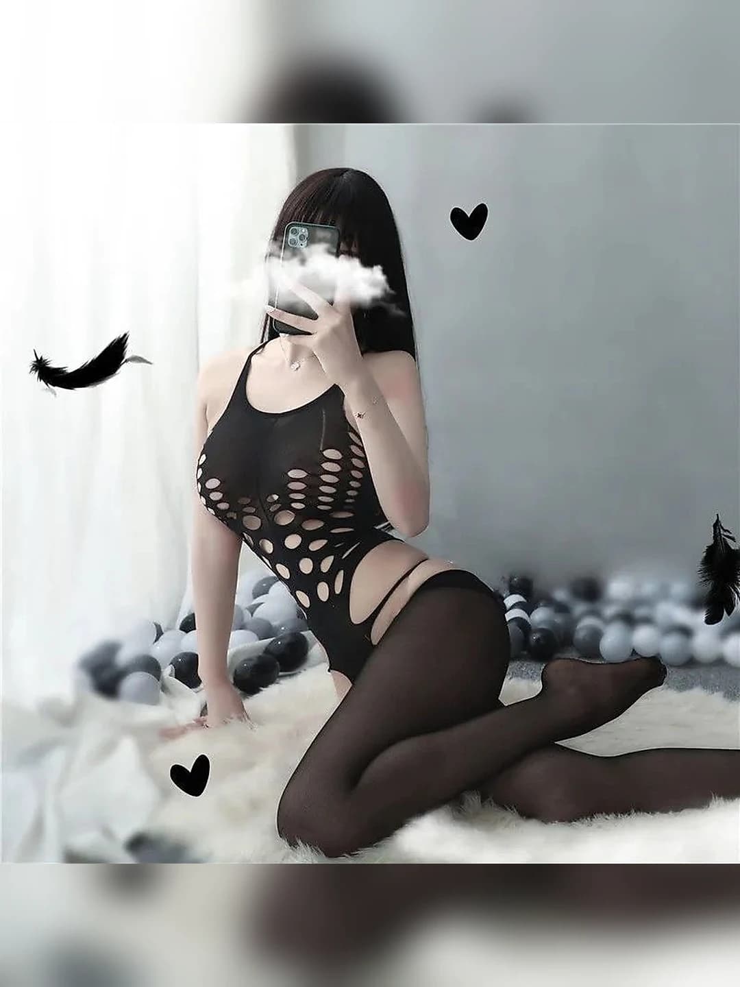 Women's sheer lingerie set: mesh bodysuit, crotchless and stockings, polyester fabric