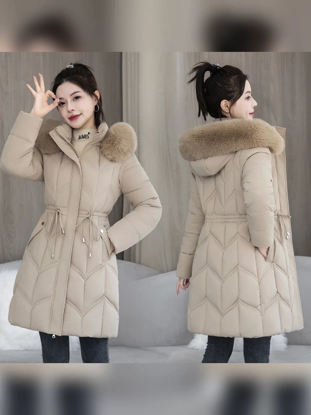 Women's winter padded coat, down-alternative fill, mid-length, slim fit, thickened, zip, solid colour