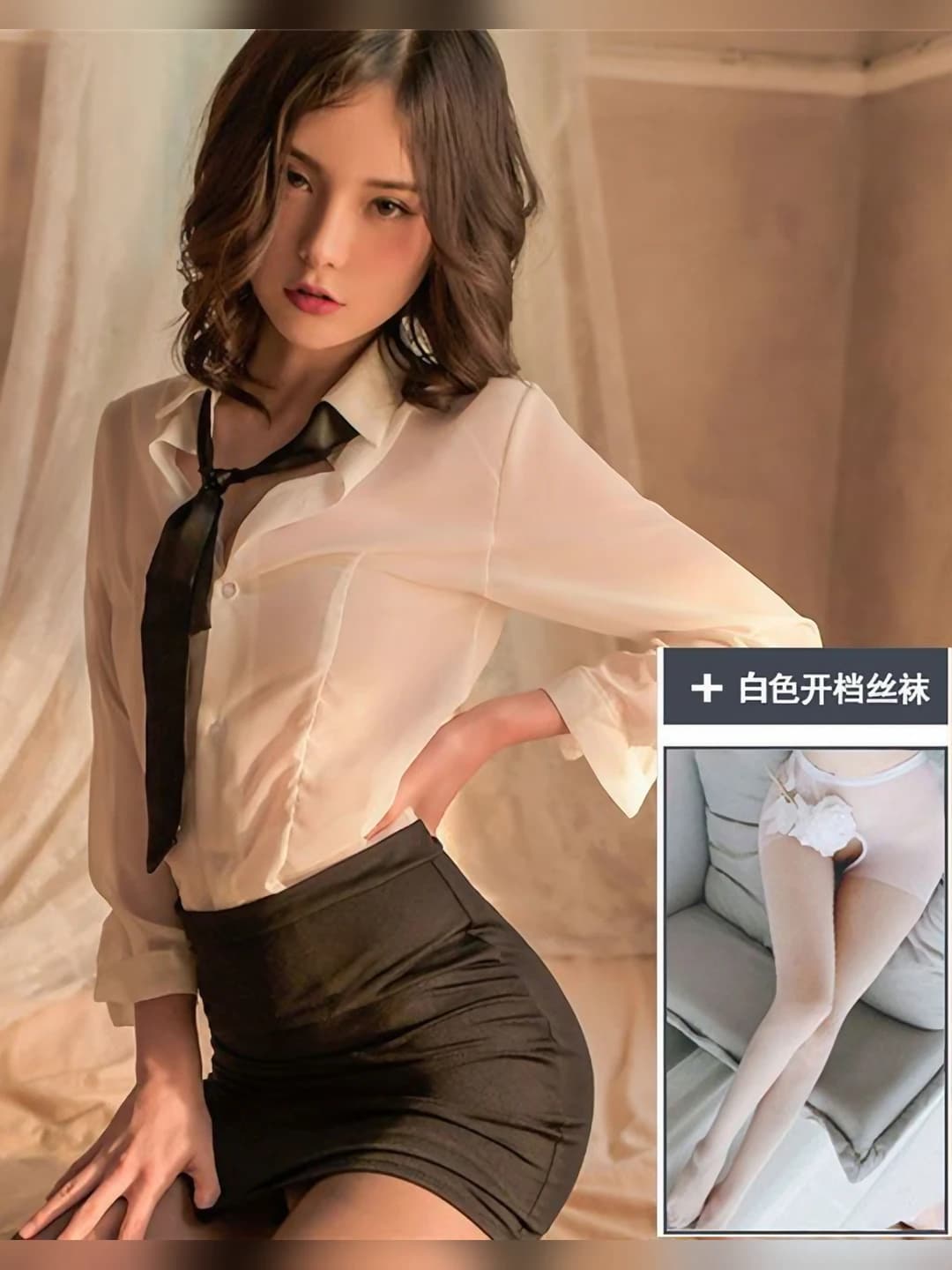 Топ+Юбка+Галстук+Бельё+Белые open-crotch