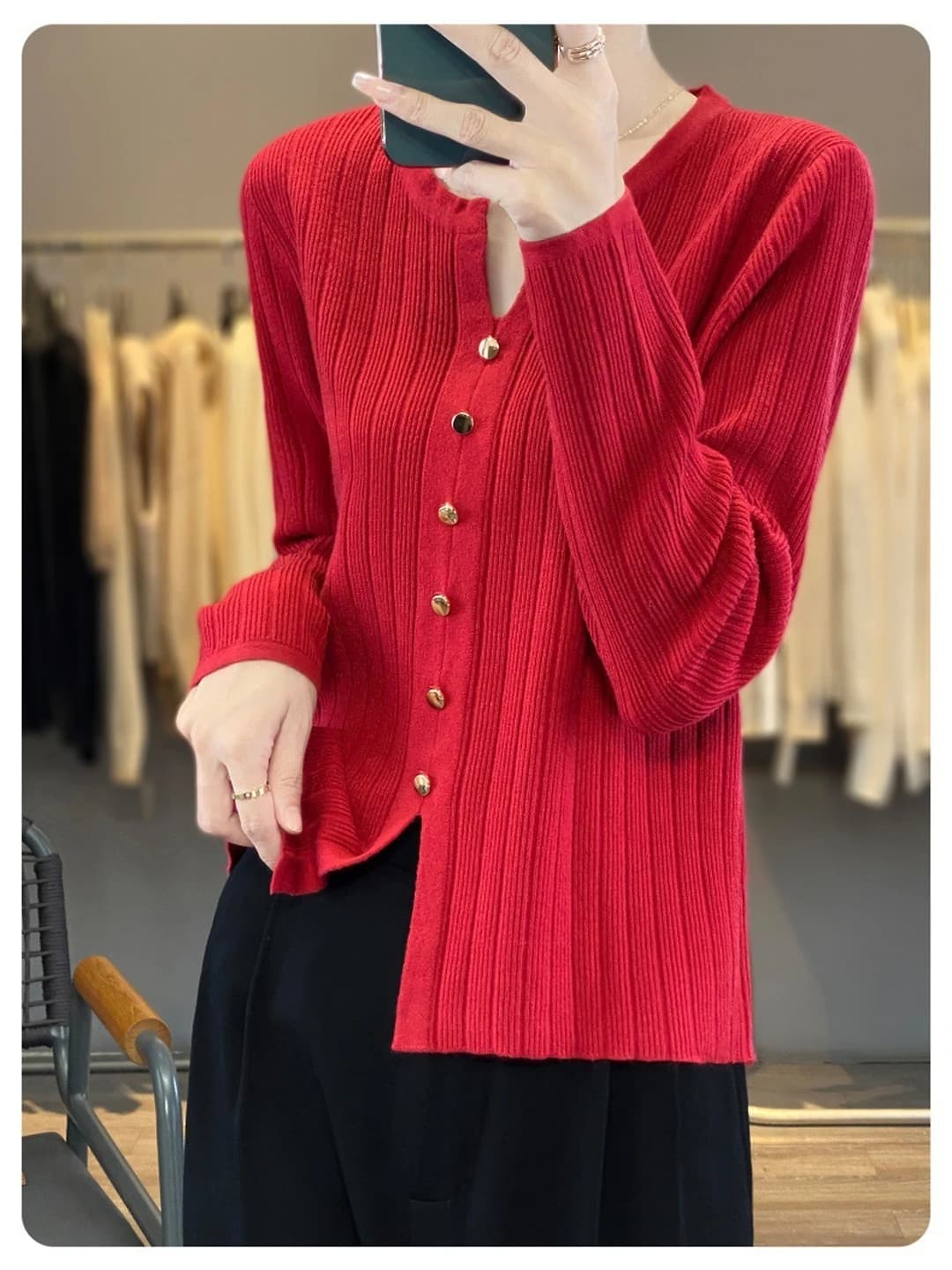 Women's ribbed button-front cardigan, V-neck, long sleeve, loose fit, solid colour, for autumn