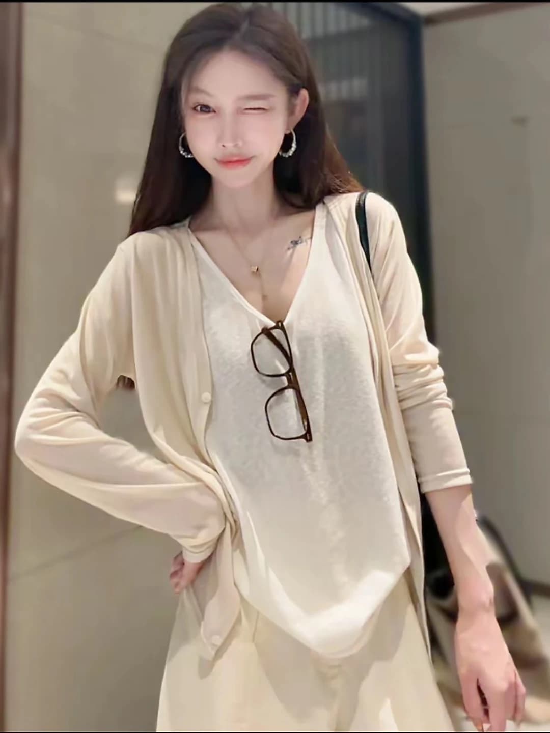 Women's cardigan: knit, mulberry silk and tencel, solid colour, loose fit and slim fit, long sleeve, V-neck, slimming