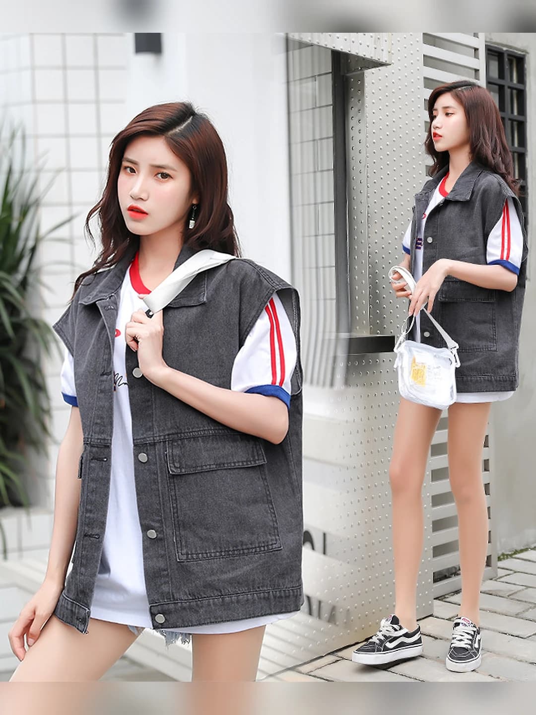 Women's denim vest, spring-summer, Korean style, loose fit, sleeveless, lapel collar, solid colour