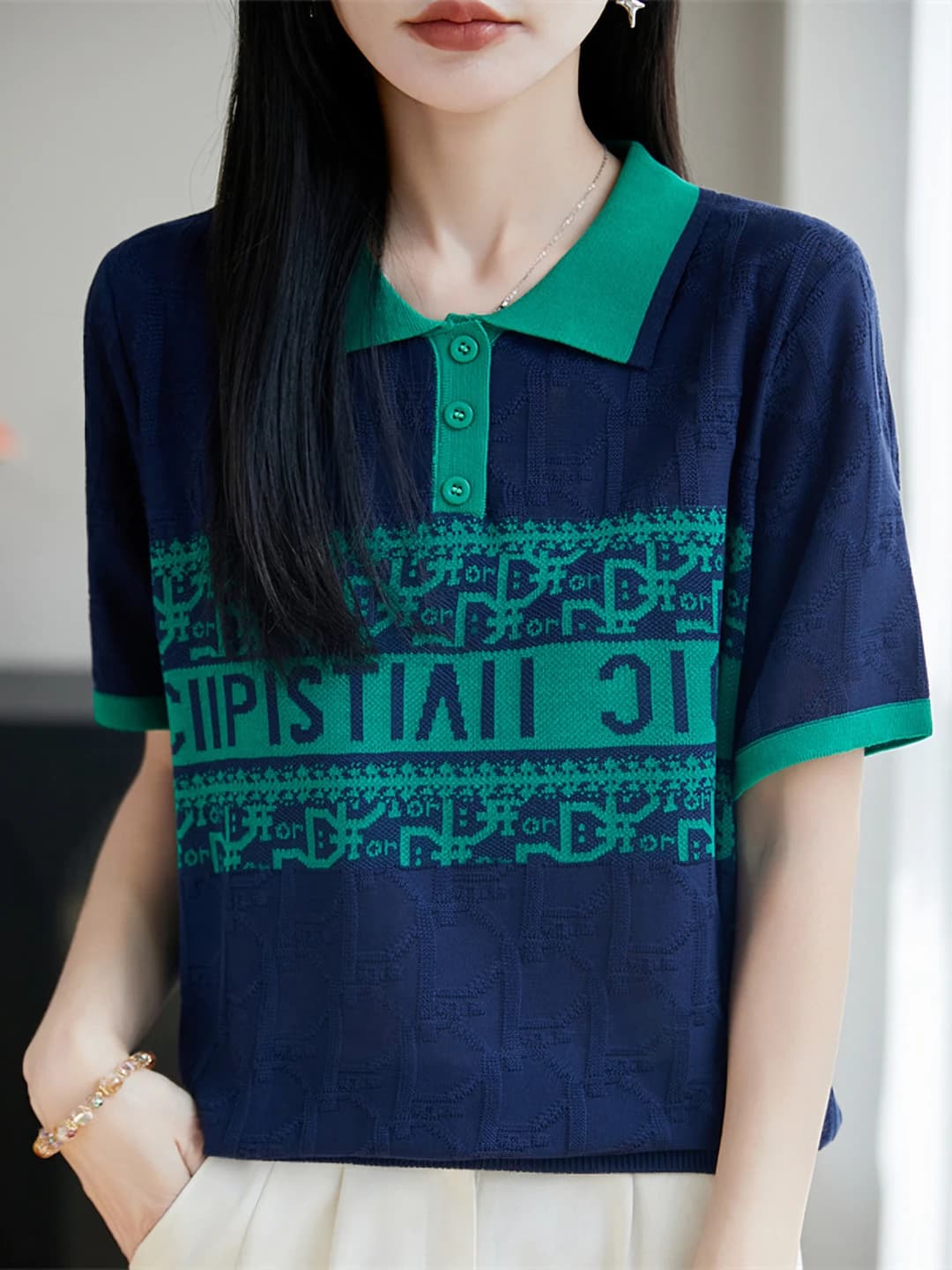 Women's summer polo shirt, thin knit top, short sleeve, loose fit, French style knit top