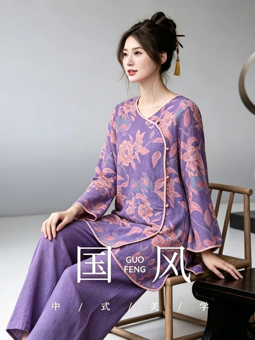 Women's pure cotton pajama set, thin, spring-summer, crew neck, bracelet-length sleeve, ankle-length trousers, loungewear