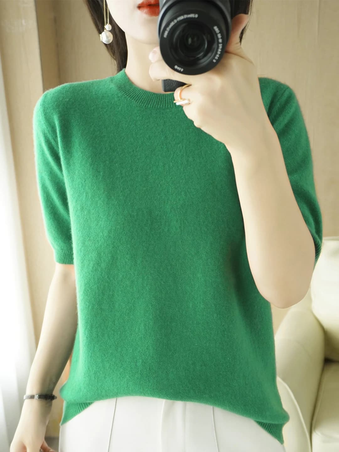 Women's knit top: short sleeve, crew neck, solid colour, loose fit, spring-summer