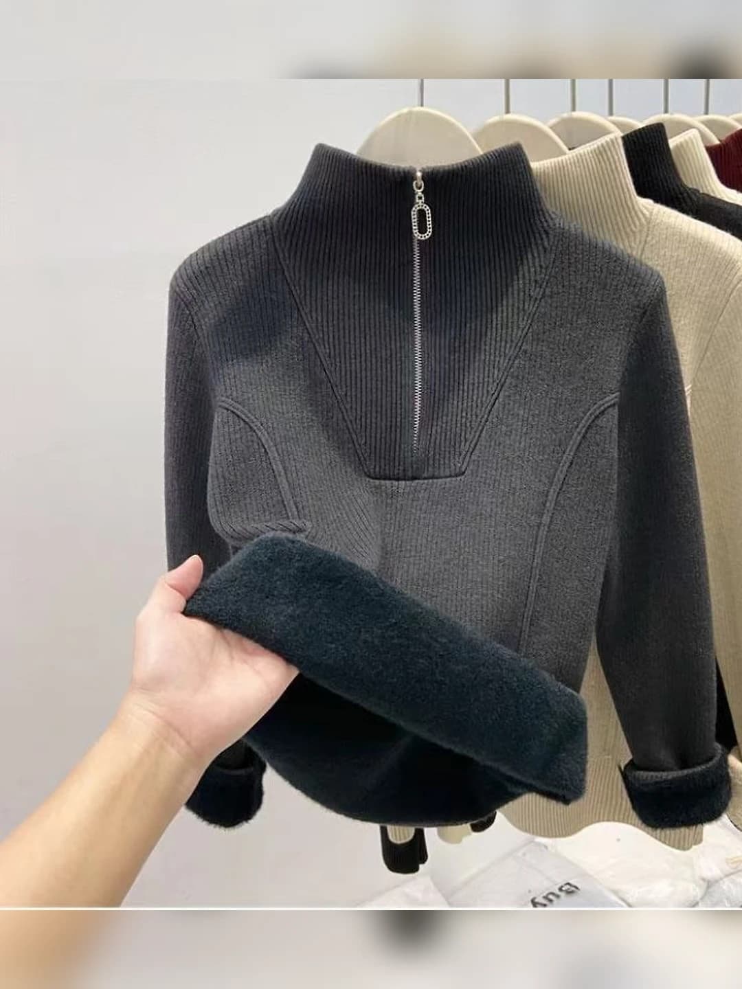 Women's warm fleece-lined zip sweater, winter, thickened, stand collar, three-quarter sleeve, 2026