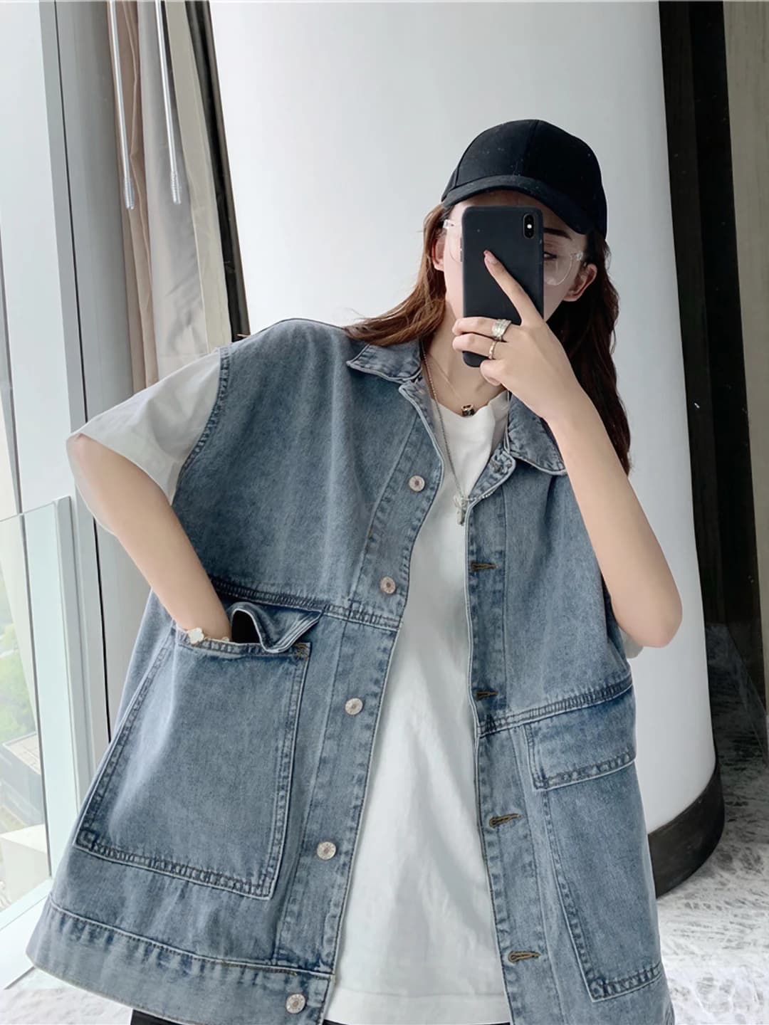 Women's Korean style sleeveless denim vest, loose fit, mid-length, lapel collar, solid colour, spring-summer