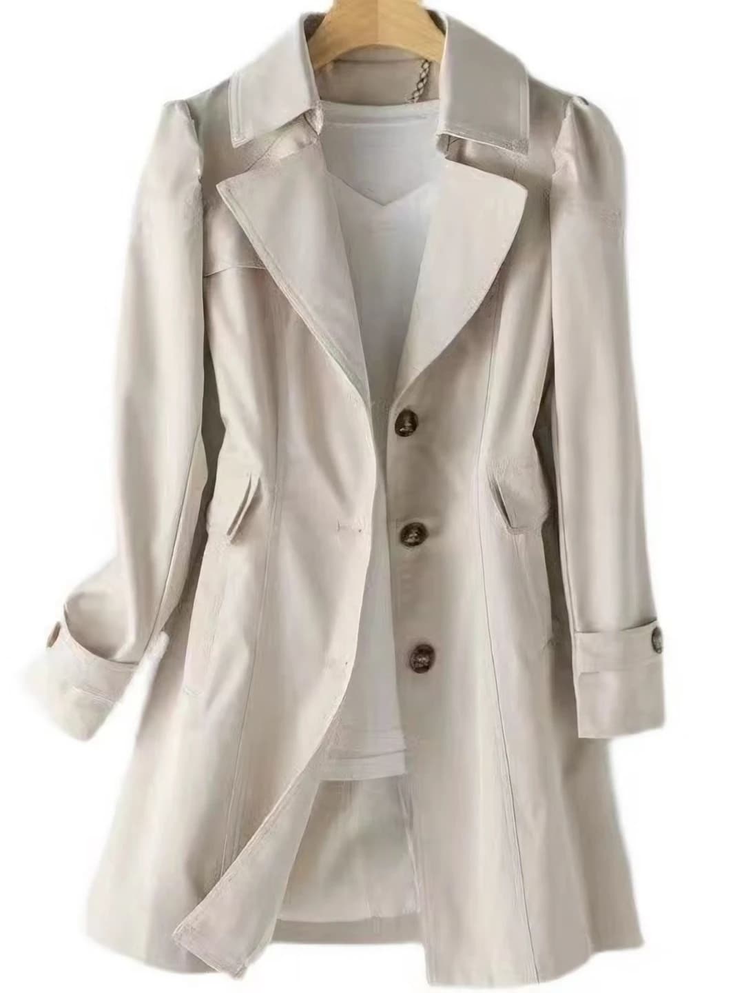 Women's 2026 spring-autumn trench coat, Korean style, slim fit, mid-length, solid colour, long sleeve, POLO collar, double-breasted, petite